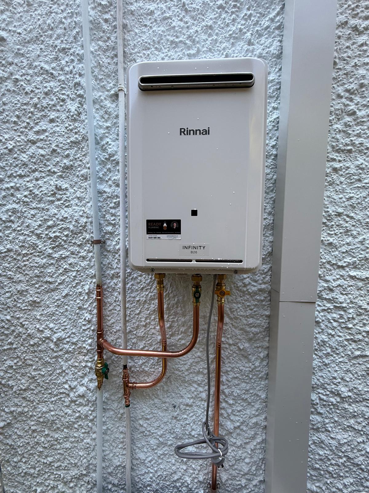 Rinnai Infinity continuous flow gas hot water unit installed by Ready Plumbing