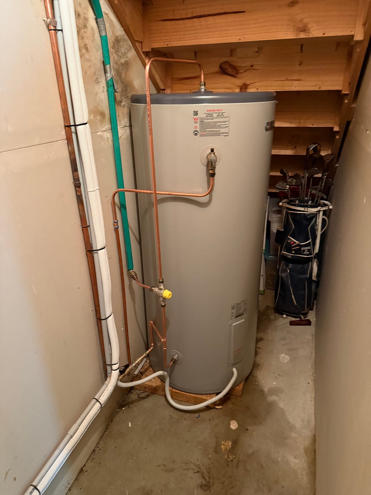 New Rheem stainless steel hot water tank installed in Freshwater, with new copper pipework, valves and tempering valve