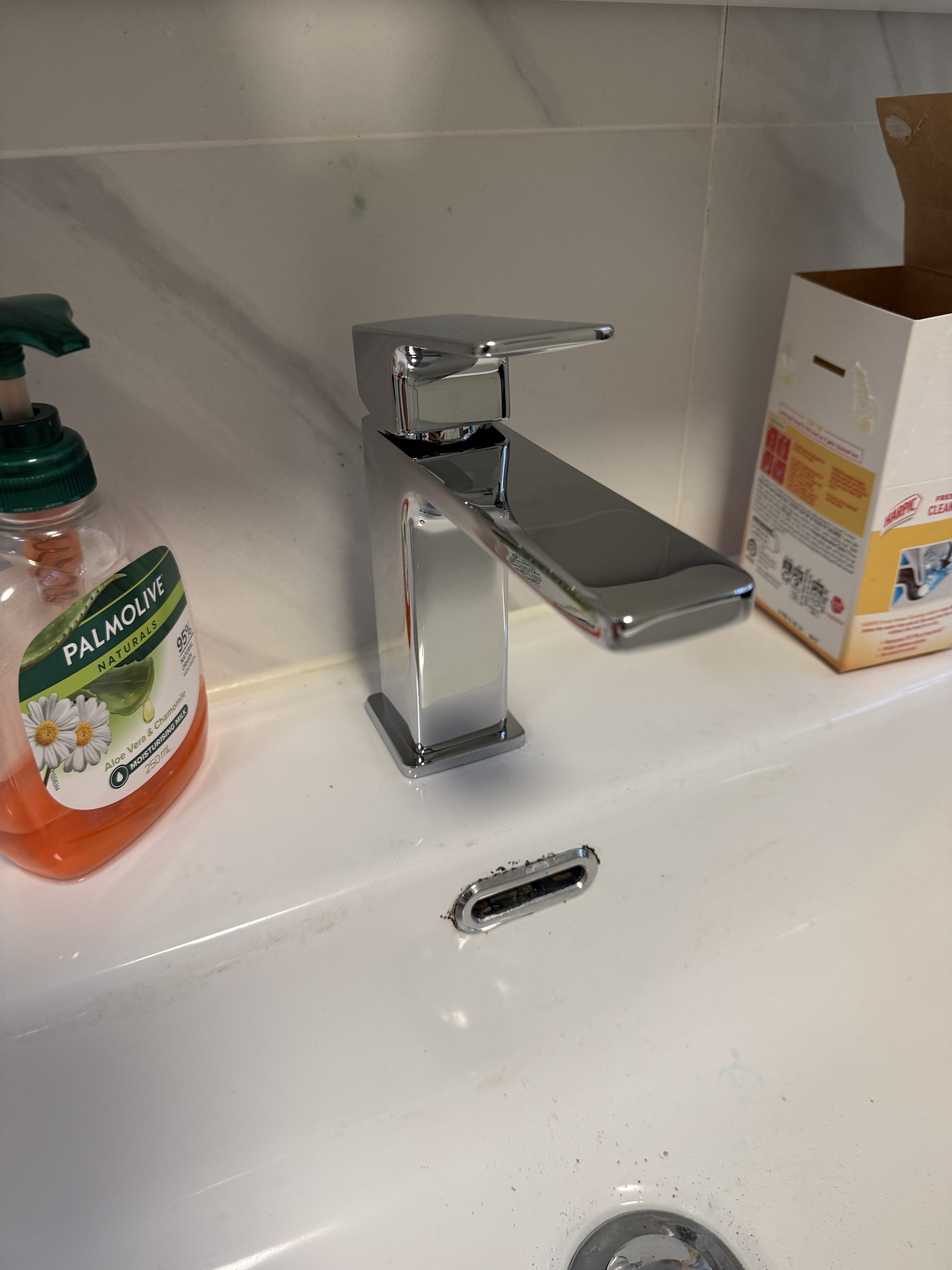 New chrome vanity tap installed in the Narrabeen bathroom, replacing the tap and flexible connection that failed