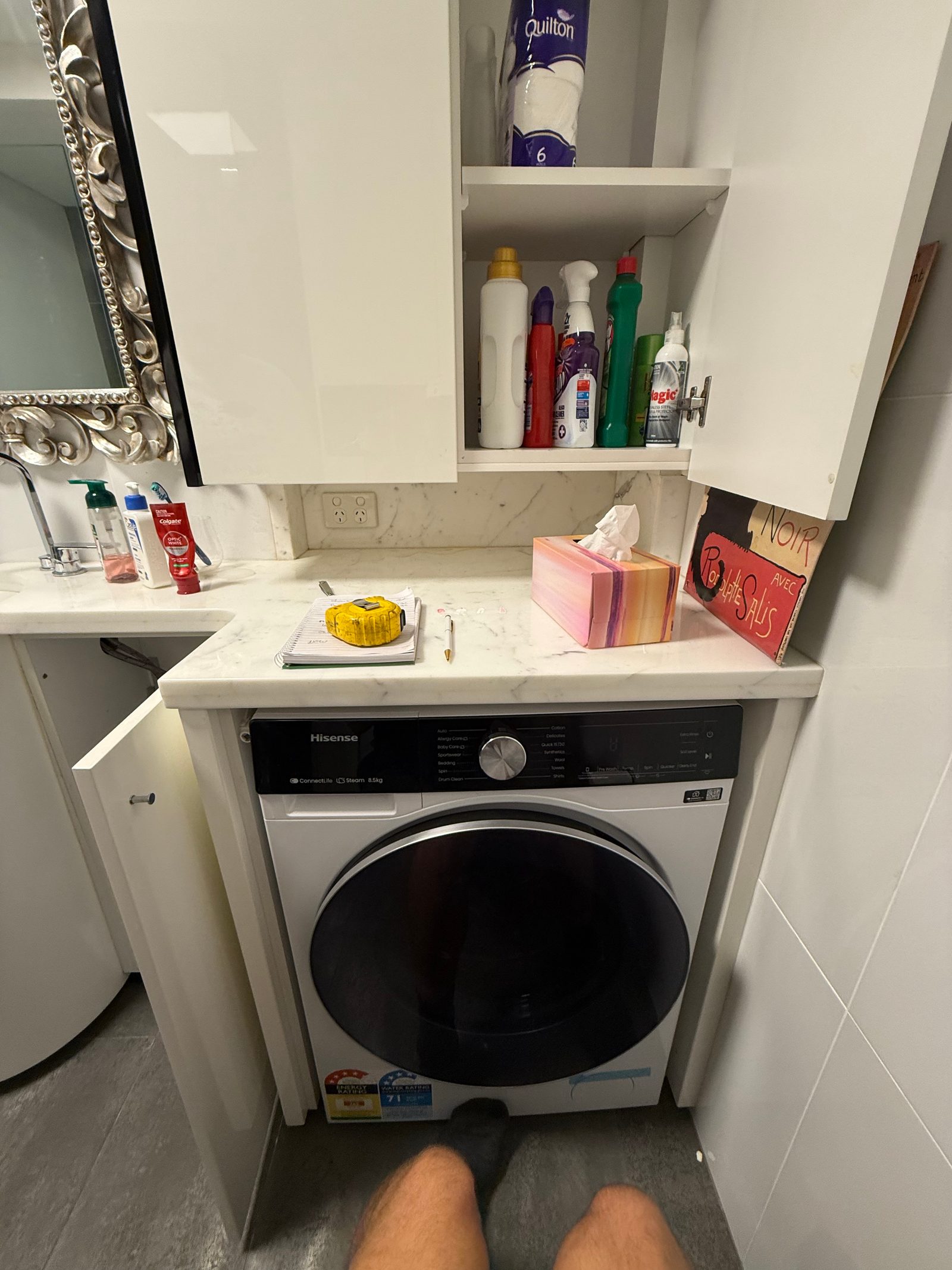 The old built-in vanity, with a shaving cabinet and washing machine crammed in, that had taken over the small bathroom